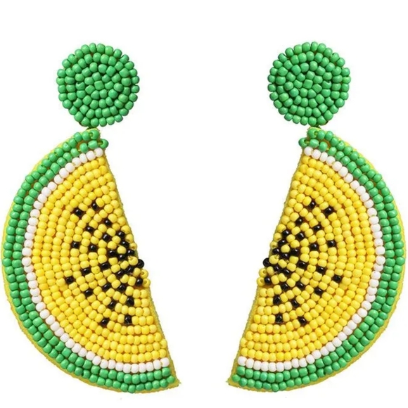 Big 3" Yellow Watermelon Fruit Slice Cute Handmade Festival Beads Earrings Green - Picture 3 of 5